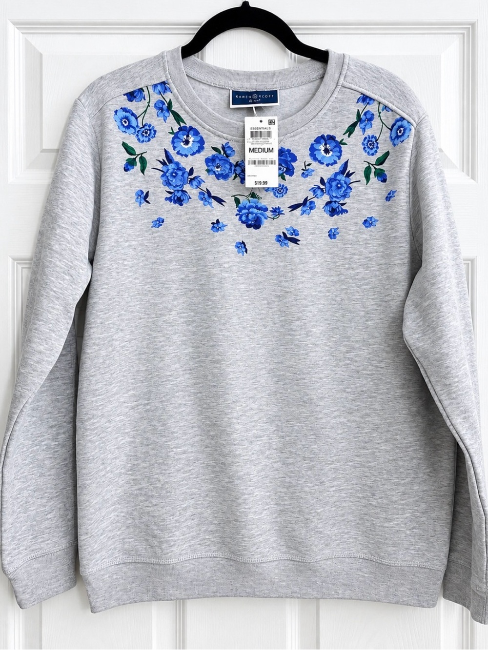 Karen Scott Gray Sweatshirt with Blue Floral Yoke - Medium